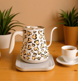 White-Backed Leopard-Print Hand-Cooked Coffee Pot-European-Style Electric Kettle with Temperature Control, 0.8L Capacity, BPA-Free (PSLU18: PSLU18)